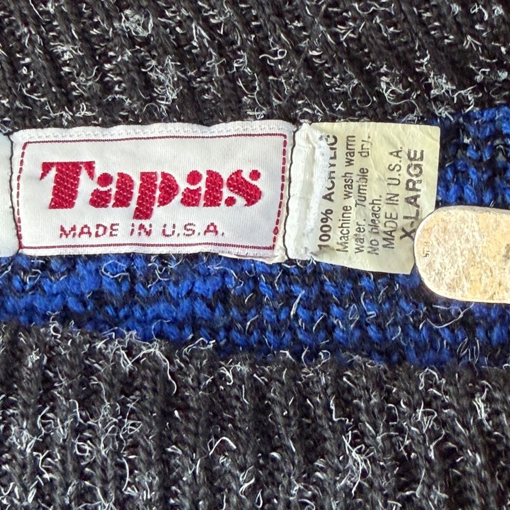 Vintage Bright Geometric Diamond Knit Sweater Blue Grey XL Made in USA Crewneck - Picture 2 of 6